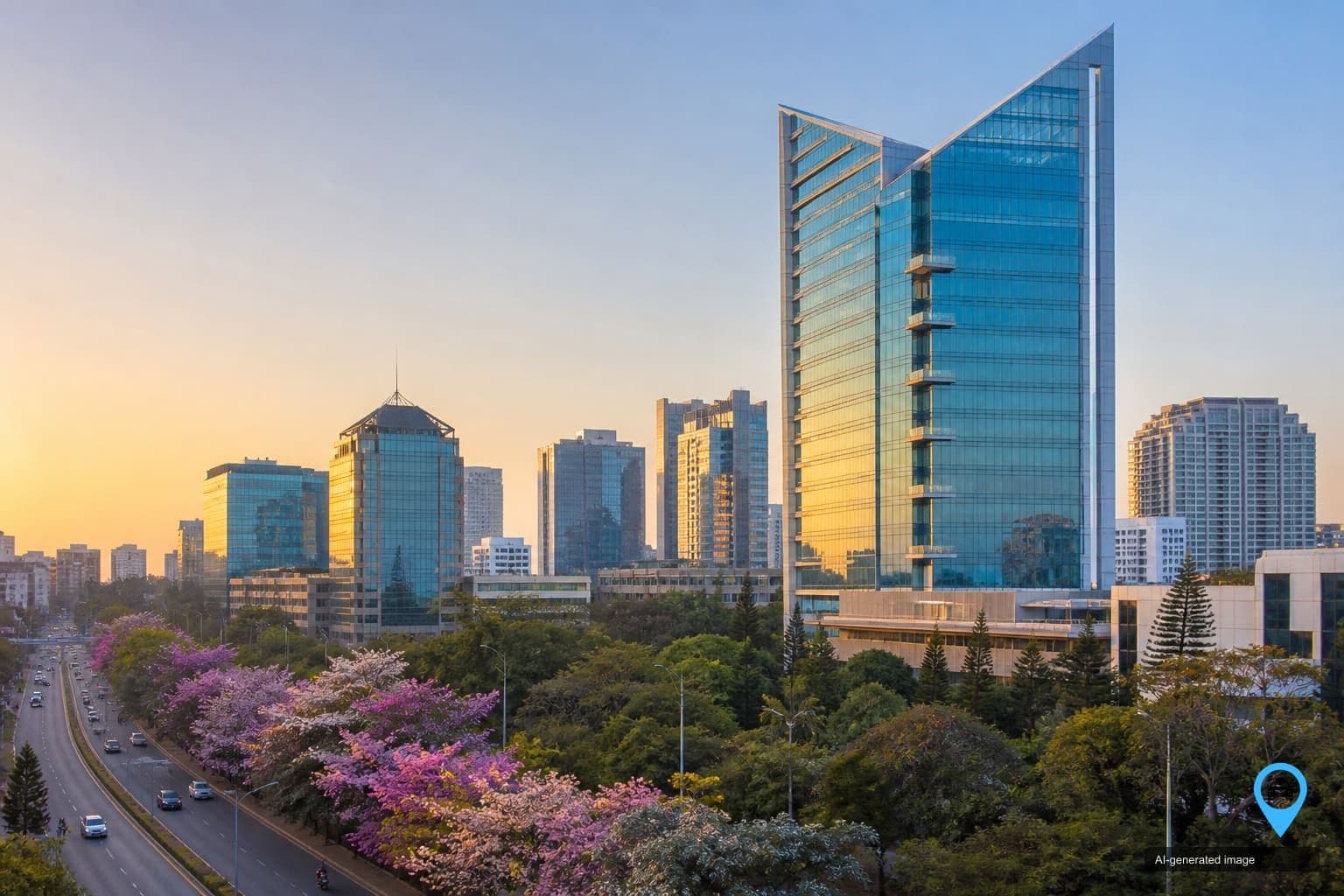 Bengaluru skyline with glass tech park towers and a tree-lined avenue at sunrise