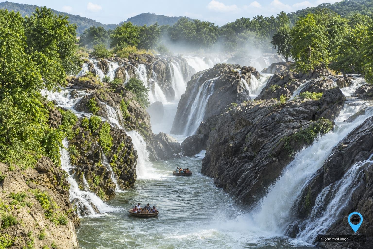 Hogenakkal Falls near Dharmapuri with coracle boats on the Kaveri river — Salem to Dharmapuri one way drop taxi