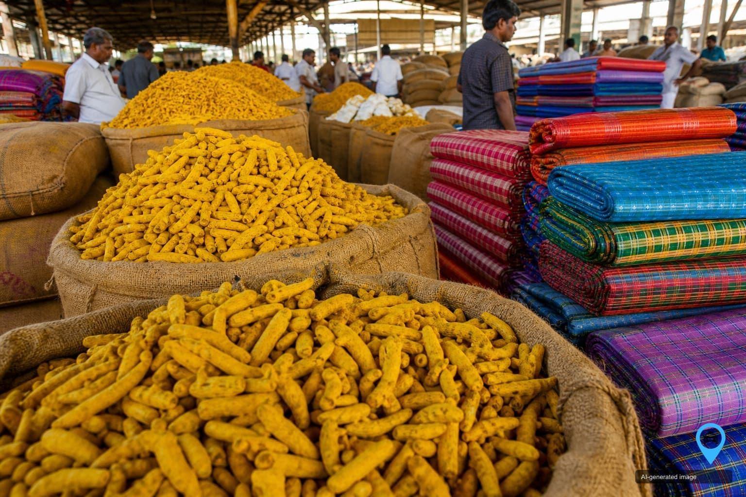 Turmeric sacks and handloom textiles in the Erode wholesale market