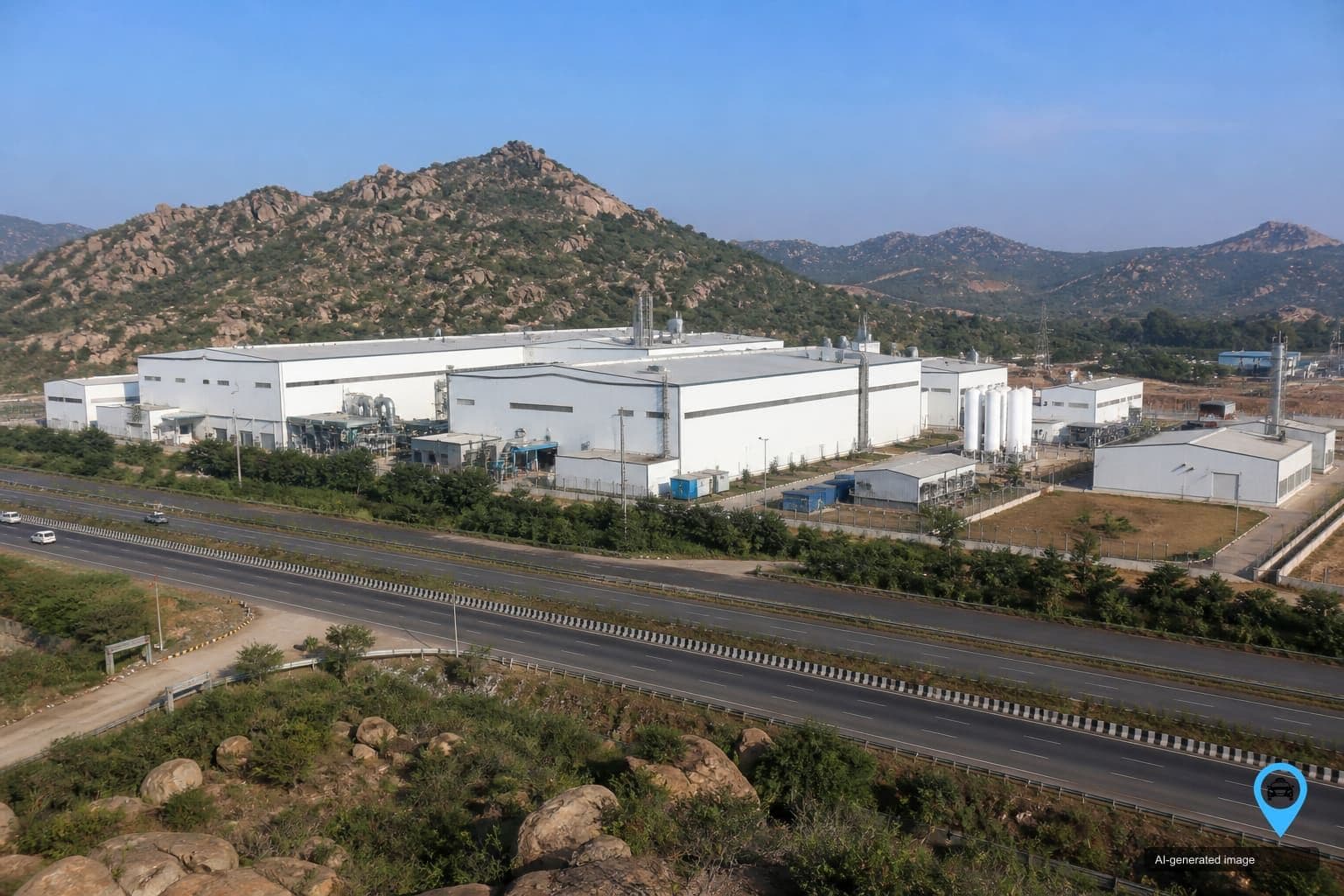 Manufacturing plant beside the highway at Hosur with rocky hills behind