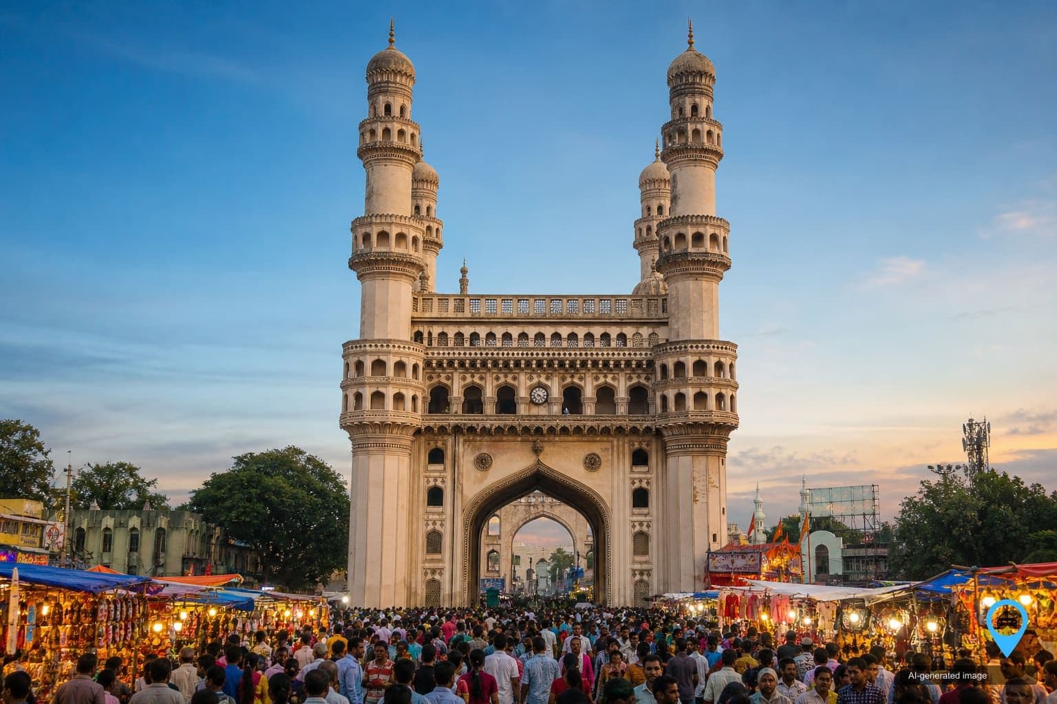 Charminar monument and the old city bazaar in Hyderabad at dusk