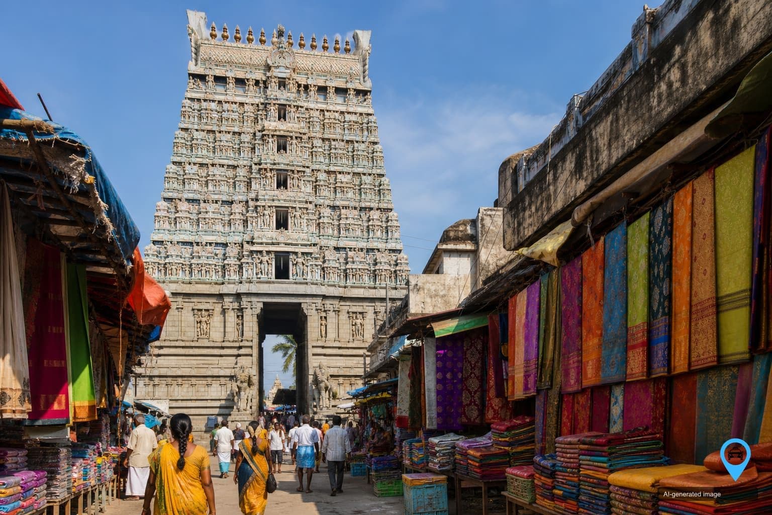 Pasupatheeswarar temple gopuram and textile market street in Karur — Erode to Karur one way drop taxi