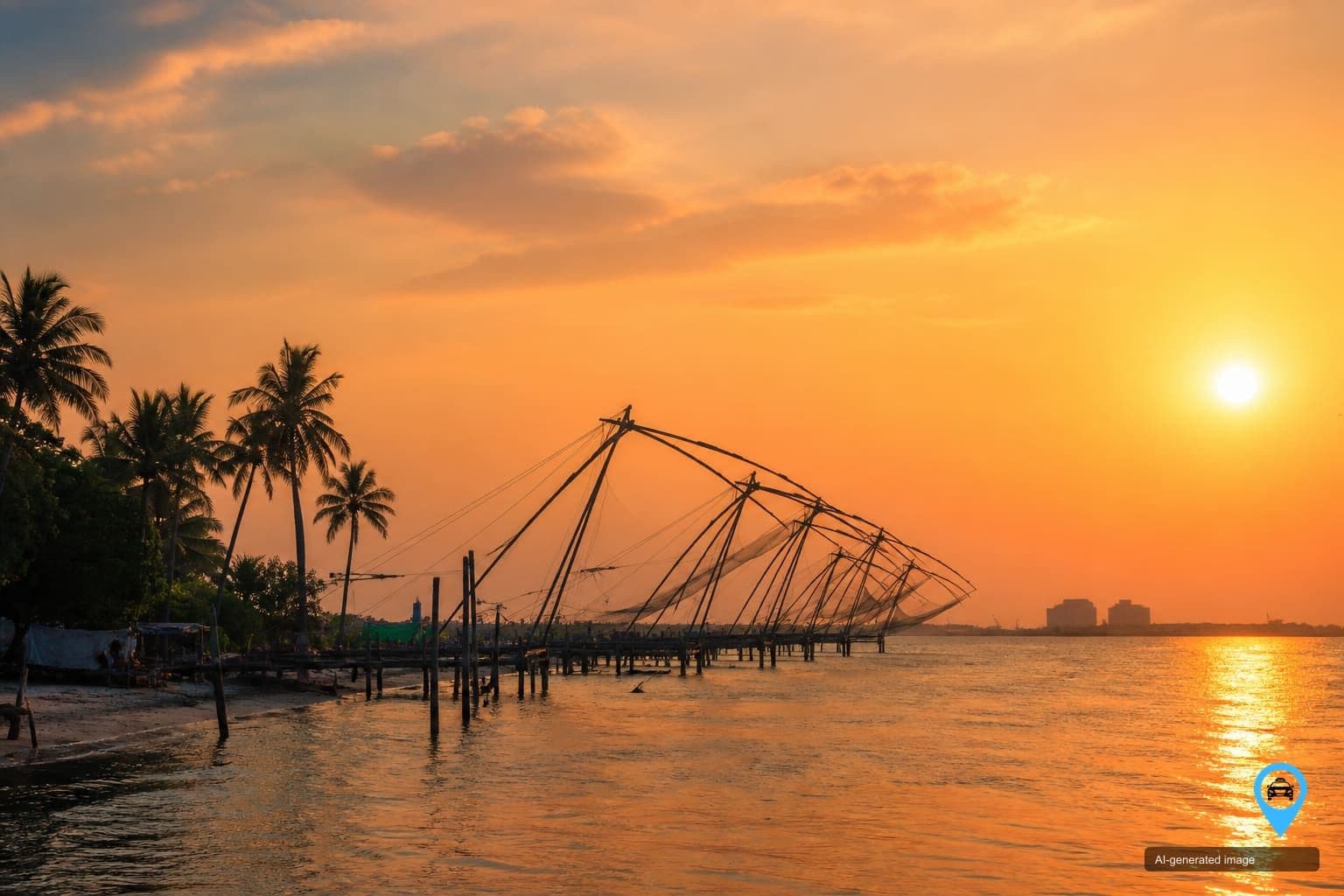 Chinese fishing nets silhouetted at Fort Kochi during sunset — Erode to Kochi one way drop taxi