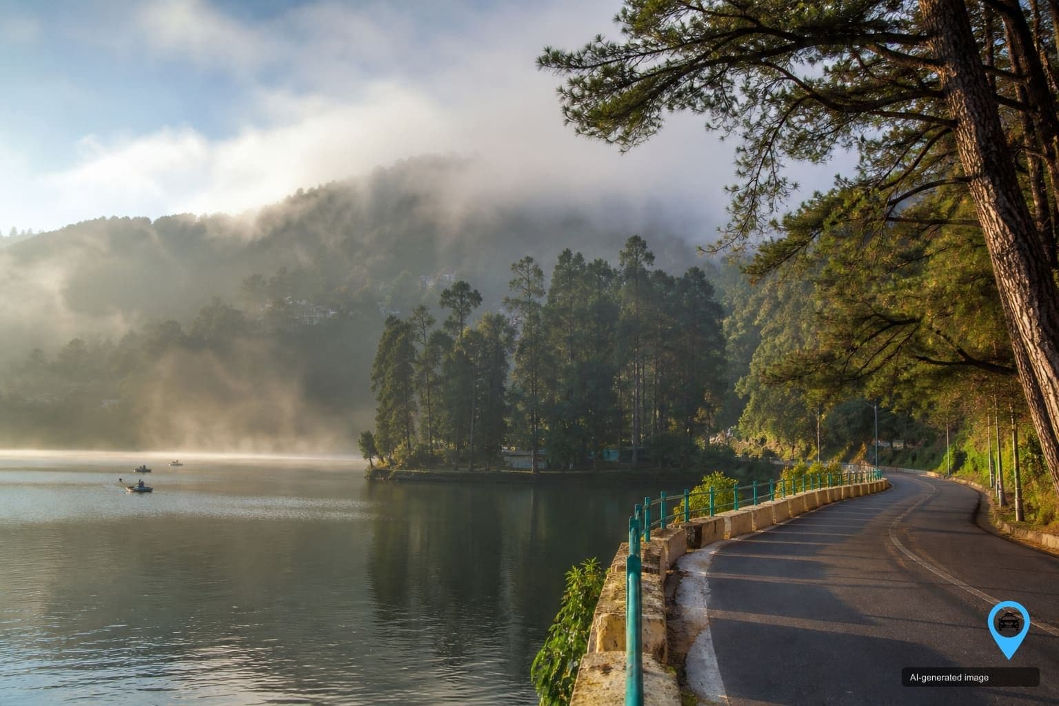 Misty Kodaikanal lake with pine hills and a lakeside promenade