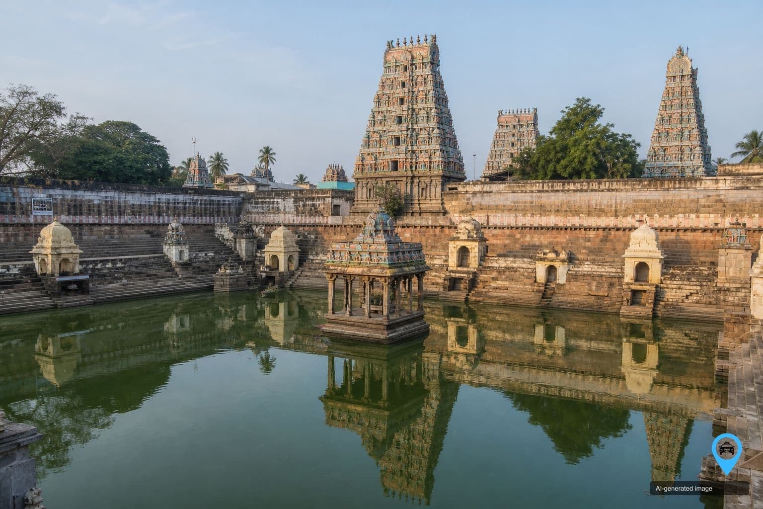 Temple tank at Kumbakonam with stone steps and gopurams reflected in the water