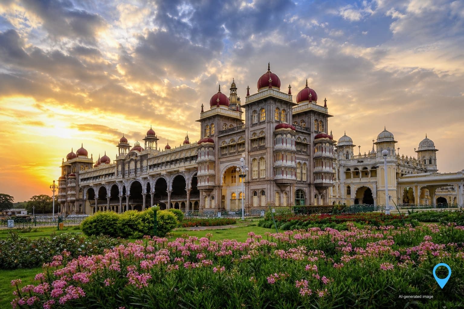 Mysore Palace and its gardens under an evening sky — Chennai to Mysore one way drop taxi