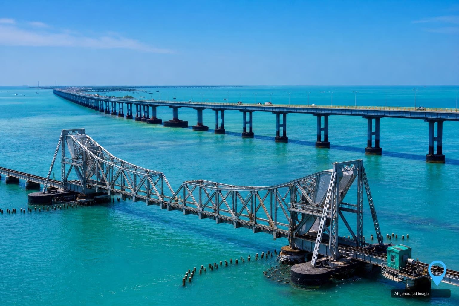 Pamban bridge stretching across turquoise sea towards Rameswaram