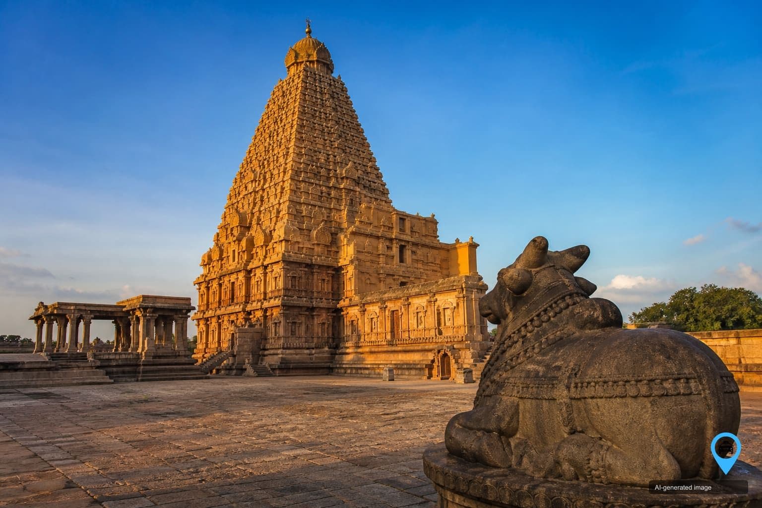 Brihadeeswarar Temple vimana and Nandi statue at Thanjavur in evening light — Erode to Thanjavur one way drop taxi