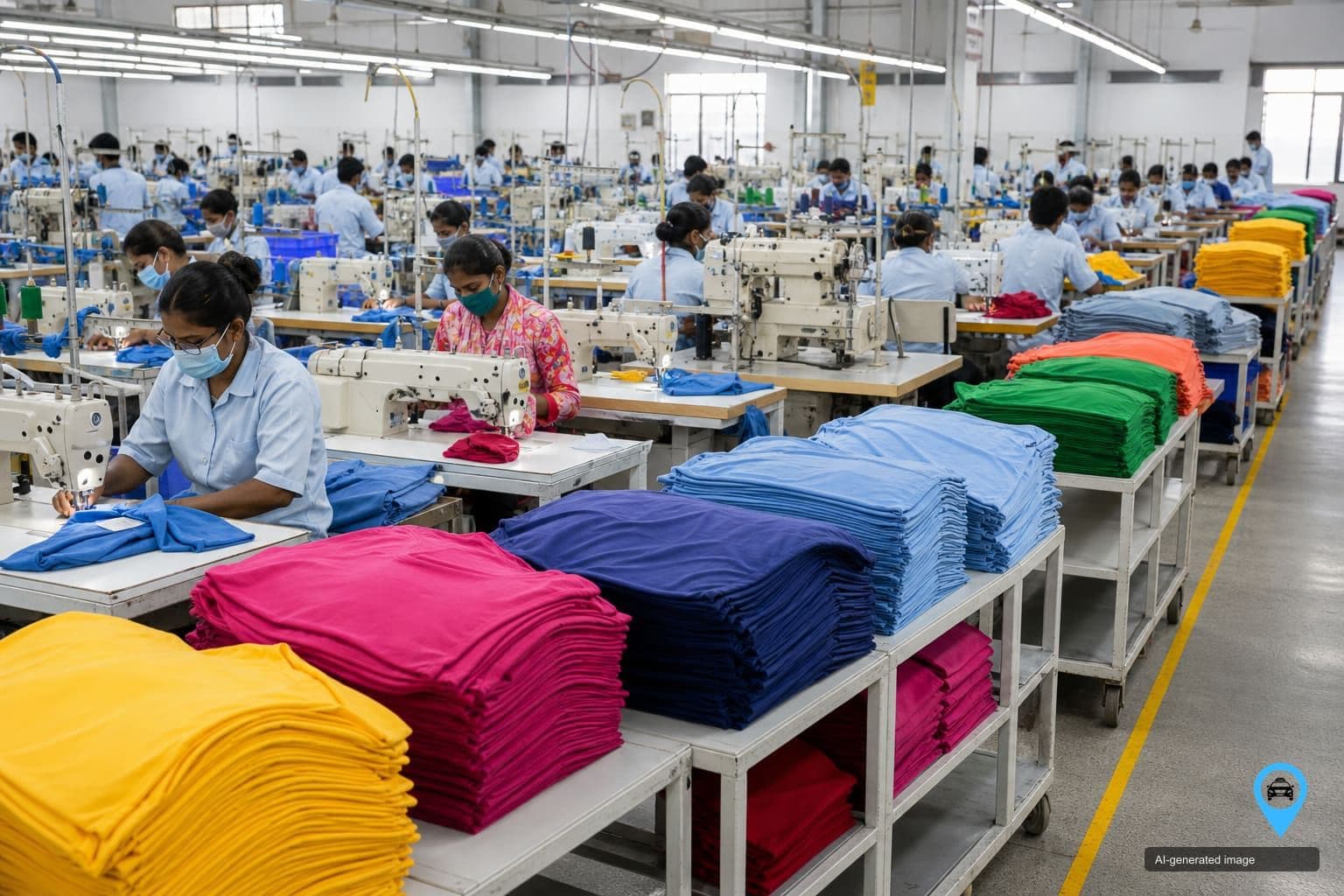 Knitwear garment factory floor with stacked cotton t-shirts in Tiruppur — Erode to Tiruppur one way drop taxi