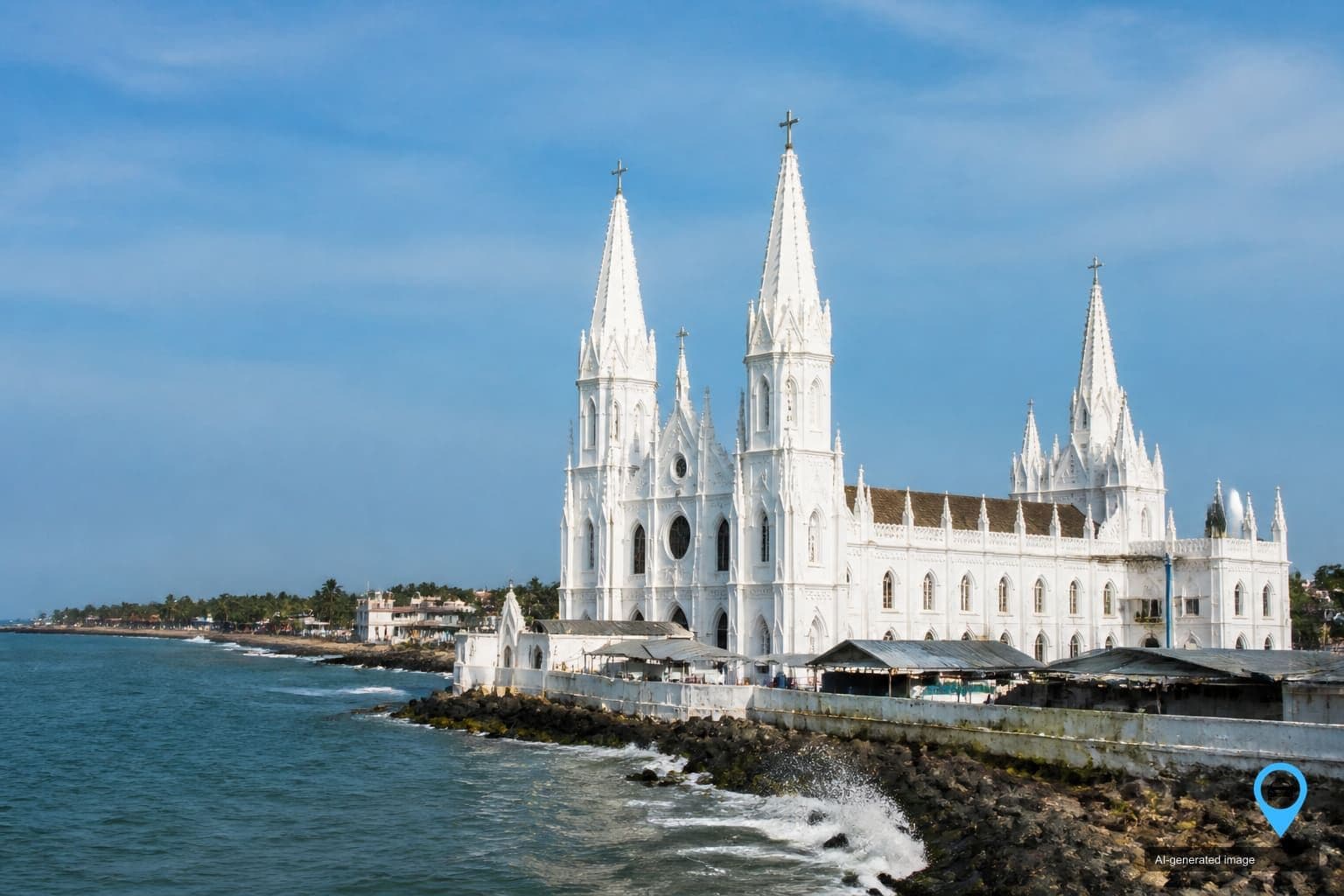 Velankanni Basilica white towers by the Bay of Bengal