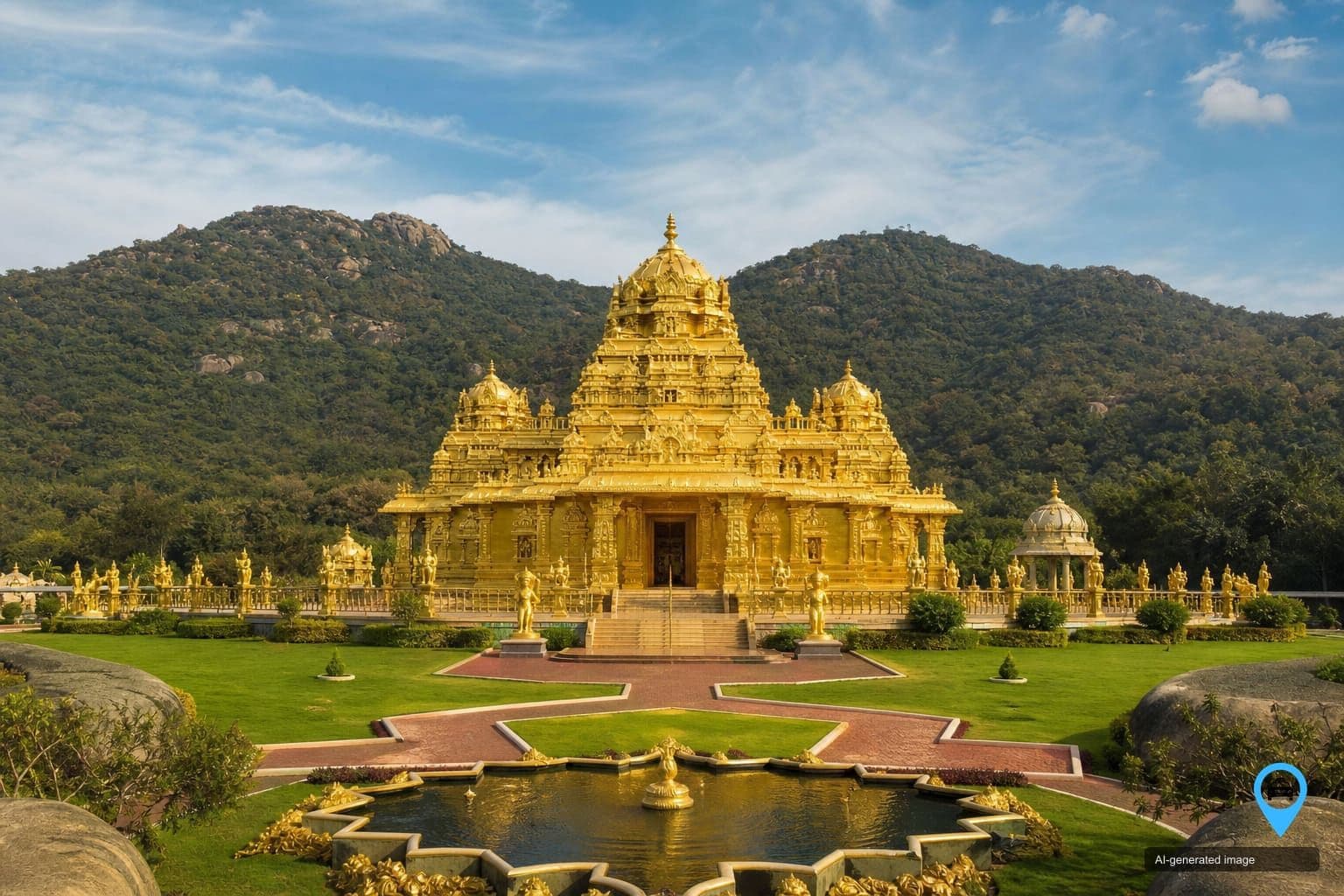 Sripuram Golden Temple near Vellore surrounded by lawns and hills