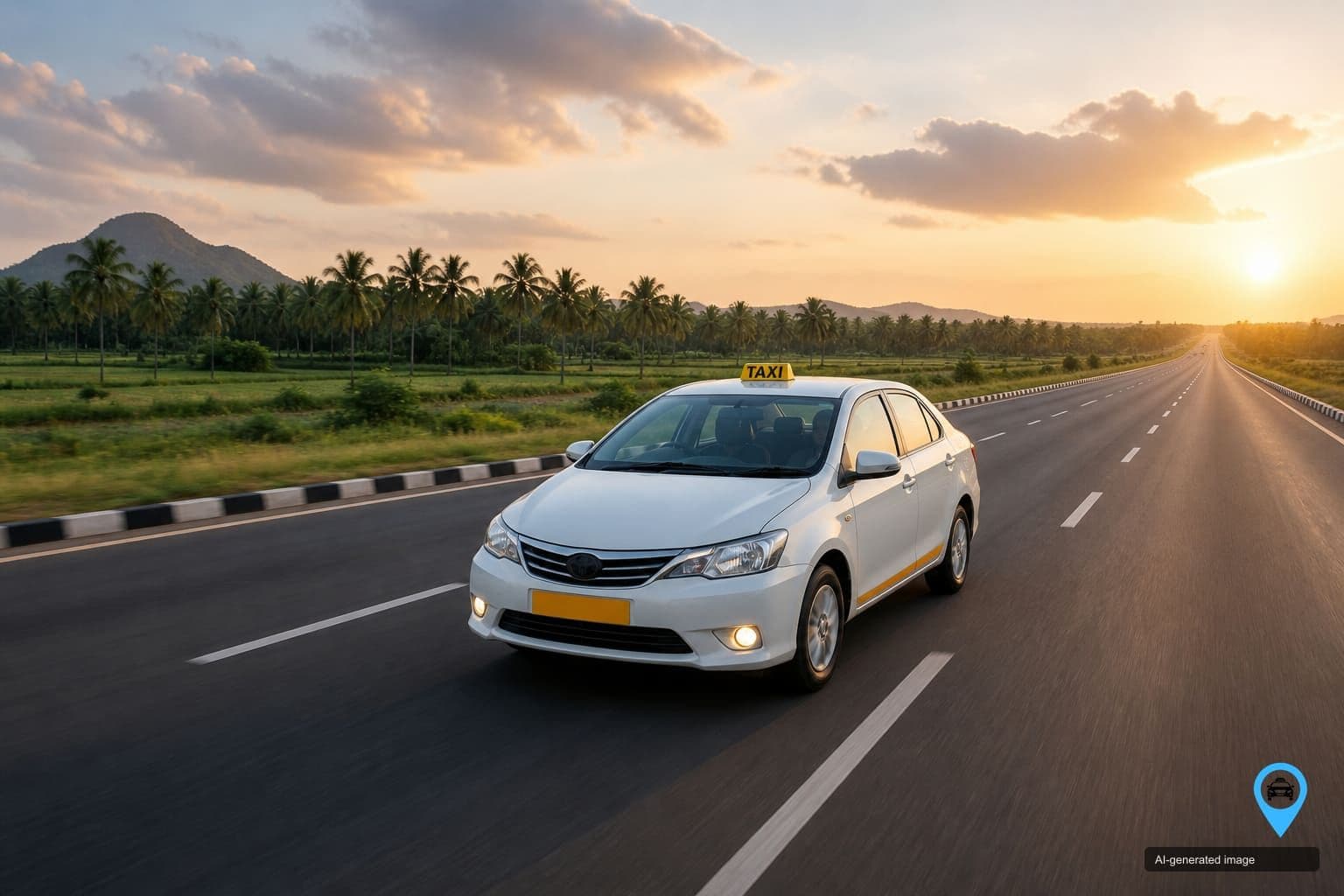 Drop You Taxi sedan on a South Indian national highway at sunrise