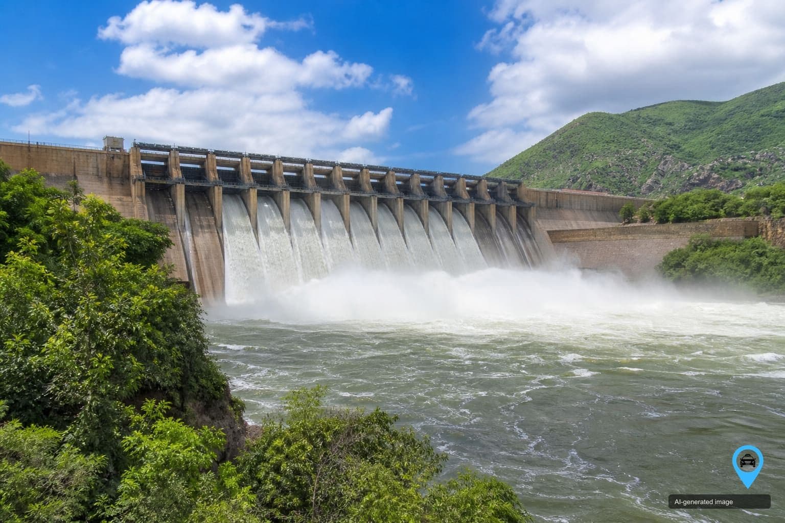 Mettur Dam releasing water into the Kaveri river near Salem
